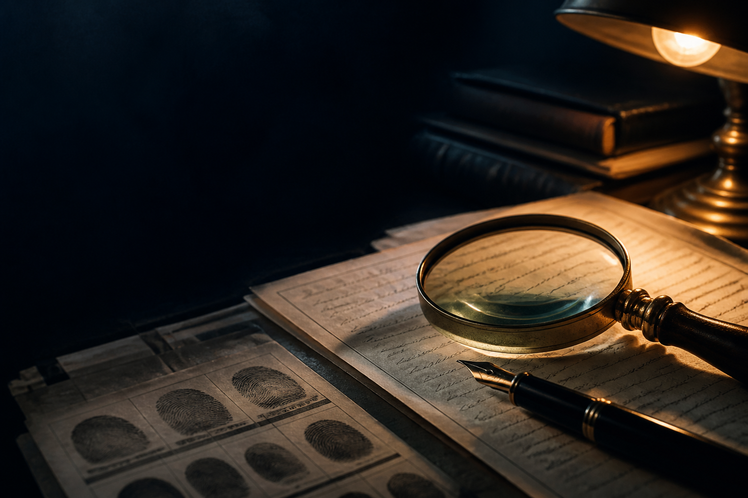 Oficina de peritajes forenses con documentos y lupa